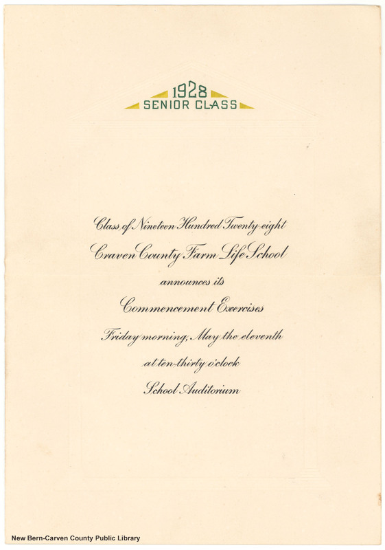Craven County Farm Life School Graduation Announcement, 1928 