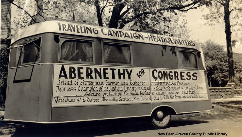 Charles L. Abernethy Jr.'s traveling campaign headquarters, parked in front of his home at 608 Pollock Street