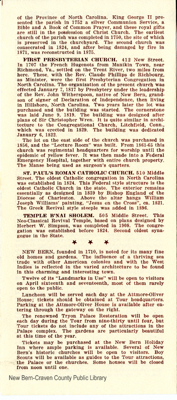 1974 New Bern Old Homes and Gardens Tour Bicentennial Program